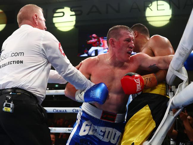 Gallen works over Hodges on the ropes. Picture: Chris Hyde/Getty Images