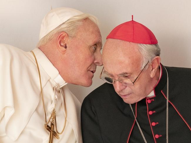 Anthony Hopkins and Jonathan Pryce in a scene from the Netflix drama The Two Popes.