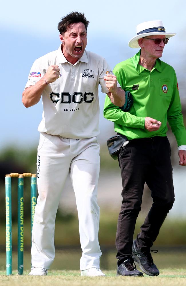 Robert Johnston celebrates a wicket for Carrum Downs. (Photo by Josh Chadwick)