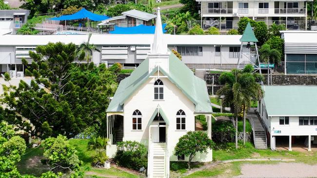 Our Lady of the Sacred Heart Catholic Church on Thursday Island in the Torres Strait, where a packed memorial service was held for missing man Denne Bourke last Friday. Picture: Brendan Radke