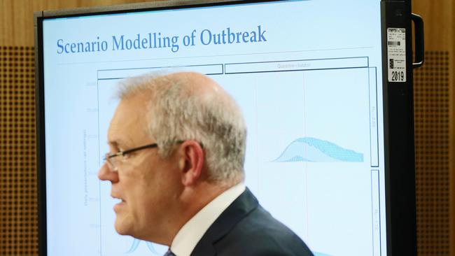 Prime Minister Scott Morrison addressing the media about new restrictions and advice for Australians on how to deal with the spread of COVID-19. Picture: Richard Dobson