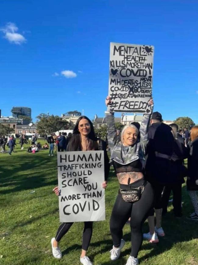 Central Coast disability worker April Favre (right) with an unknown woman at the Covid protest rally on Saturday. Picture: Supplied