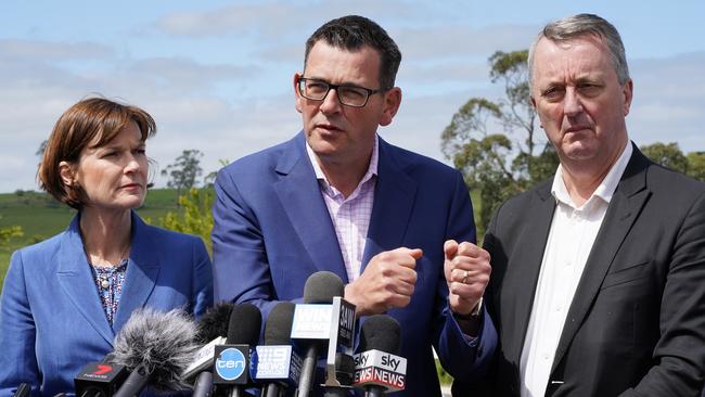 Premier Daniel Andrews answering questions on the rorts-for-votes saga on Wednesday. Picture: Alex Murray/AAP