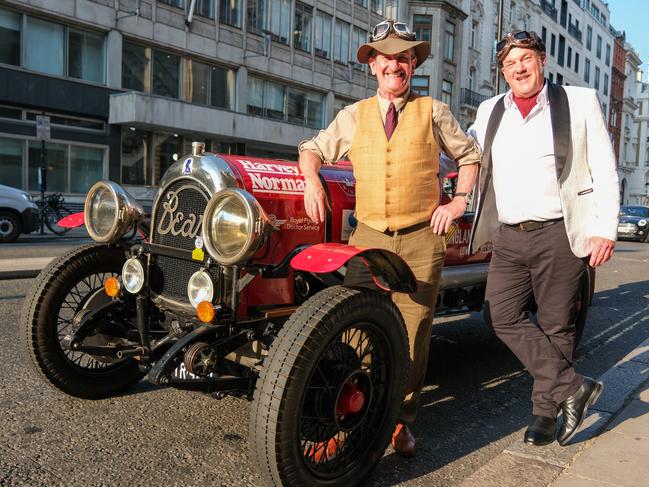 Sydney adventurers, cartoonist Warren Brown (left) and journalist Matthew Benns begin their three month journey from England to Australia on Friday September 20, 2024, replicating the 1927 epic of Francis Birtles.  Photo: Jacquelin Magnay