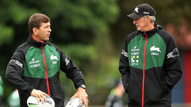 Wayne Bennett (R) has laid plans for assistant coach Jason Demetriou (L) to replace him. Picture: Phil Hillyard