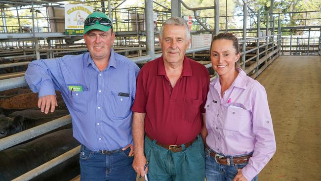 Bungador farmers Steven and Simon Arundell with Mary Wilson. Picture: Rachel Simmonds