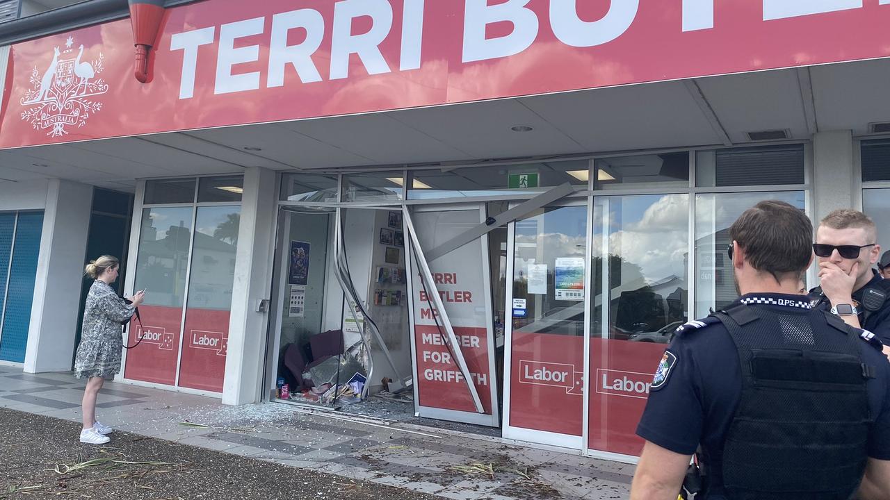 The Brisbane office of federal Labor MP for Griffith, Terri Butler, has been rammed by a car in a dramatic incident. Picture: Twitter/@terrimbutler