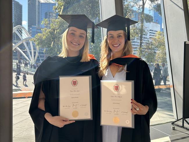 Claire Syme and Sophie Hollyoak graduate from Australian Catholic University with a Bachelor of Nursing on April 16, 2024. Picture: Brittany Busch