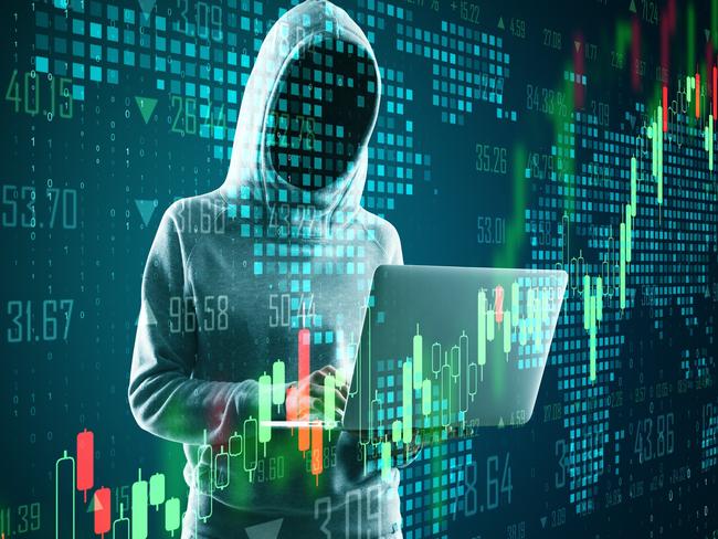 Business security concept with hacker with laptop and digital forex chart with graphs and pixel map.Double exposure.; scammer generic fraud