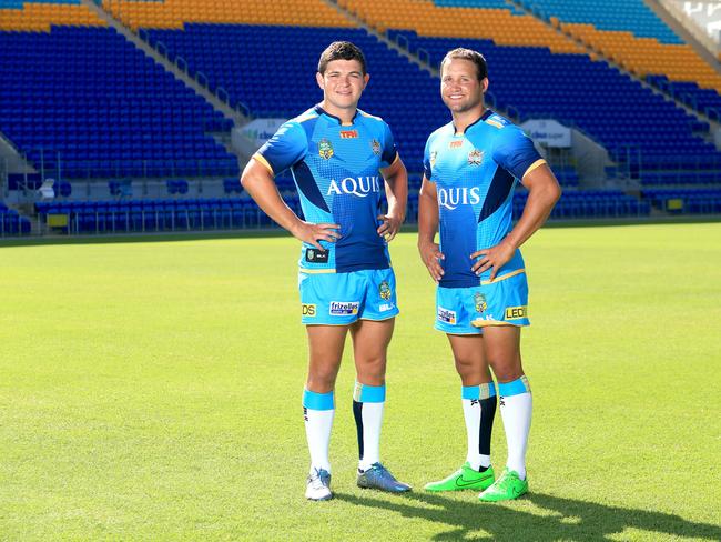 PLEASE CONTACT GOLD COAST SPORT DESK BEFORE USE. Titans players Ash Taylor and Tyrone Roberts. Pic Tim Marsden