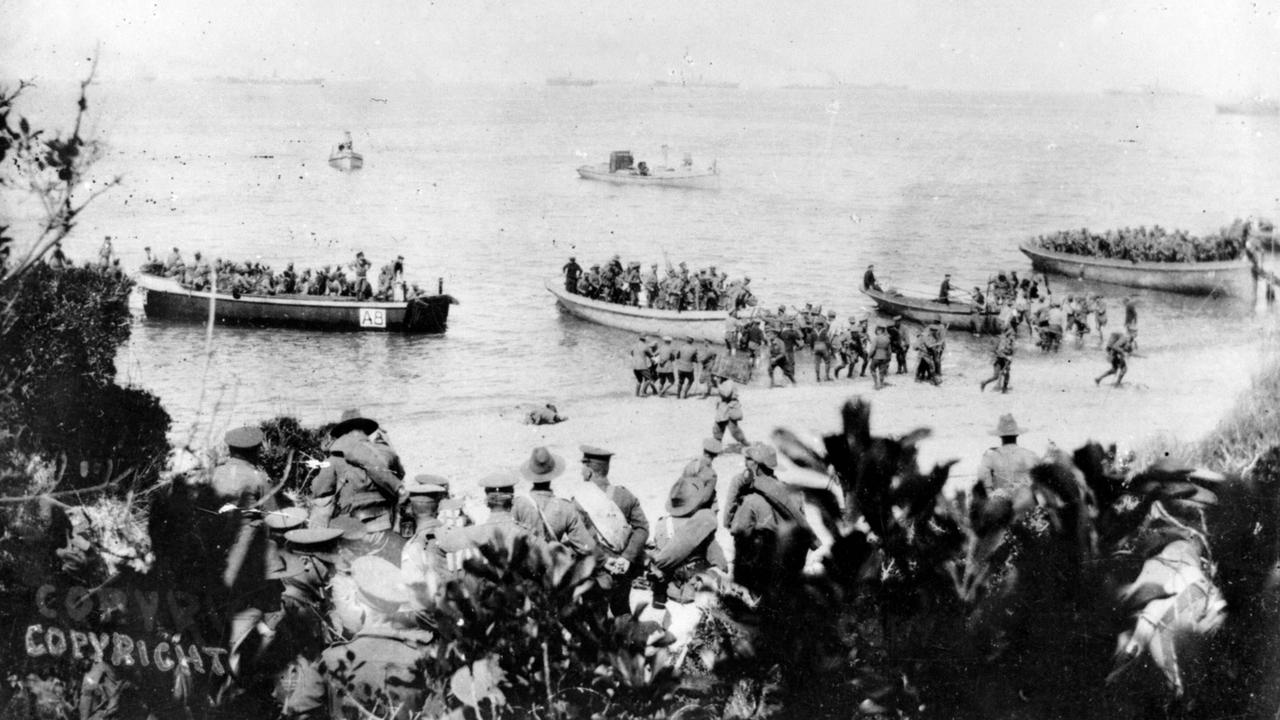 Part of the 4th Battalion and mules for the 26th  Indian Mountain Battery land on the beach at Anzac Cove, Gallipoli. australian armed forces army o/seas WWI history landing