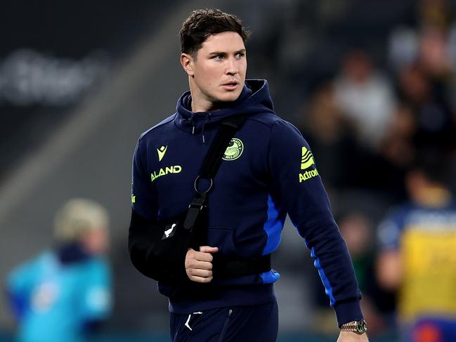 SYDNEY, AUSTRALIA - JULY 26: Mitchell Moses of the Eels looks on prior to the round 21 NRL match between Parramatta Eels and Melbourne Storm at CommBank Stadium, on July 26, 2024, in Sydney, Australia. (Photo by Brendon Thorne/Getty Images)