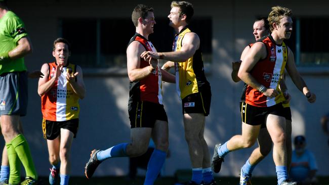 Jordan Pinto (left) had the chance to win the game for Goodwood Saints on Saturday but his shot at goal was touched through for a behind. Picture: AAP/Morgan Sette.