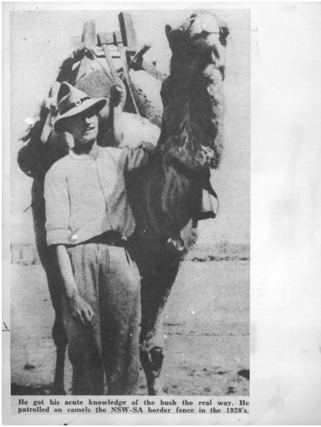 A news clipping featuring Arthur Upfield on patrol with camels on the NSW-SA border in the 1920s