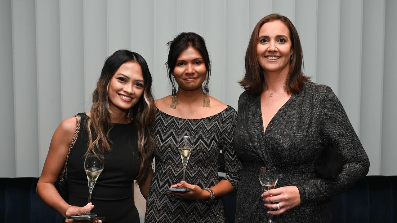 Fenny Balangbang, Sham Hettiarachchige and Carolyn Gilchreaste at The Advertiser Sunday Mail, SkyCity 2023 Woman of the Year Awards. Picture: Naomi Jellicoe