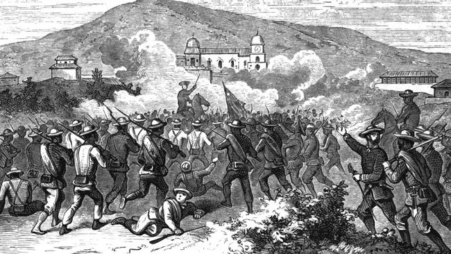 Rebel attack at El Cobre, Oriente, during Cuba's Ten Years War (1868-1878).