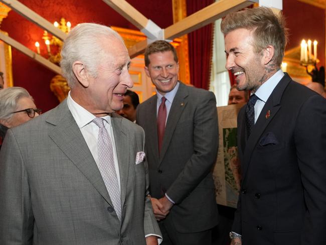 King Charles III speaks to former footballer David Beckham as they attend the inaugural King's Foundation charity awards at St James's Palace in London. England. Picture: Getty Images