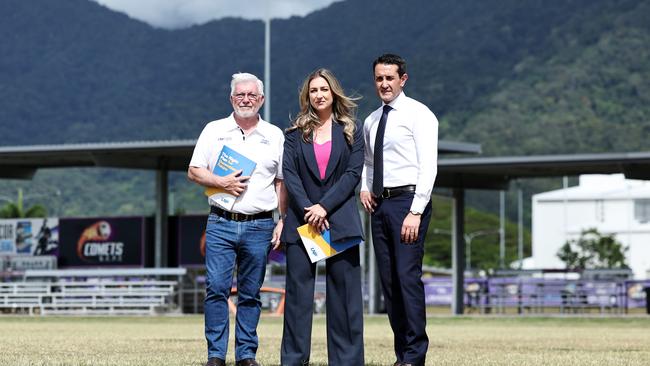 LNP candidate for Mulgrave Terry James, new Youth Justice Minister Laura Gerber and Premier David Crisafulli visited the Southside Comet's grounds during the Far North election campaign. Picture: Brendan Radke