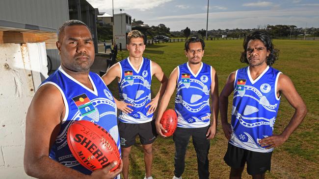 Port Noarlunga players have come together to take a stand against racism as two of their teammates were racially vilified by a handful of spectators in the SFL game against Flagstaff Hill on Saturday. Port Noarlunga players (from left) Ben Stokes, Connor Sampson, Declan Flank and Chris Smith. Picture: Tom Huntley