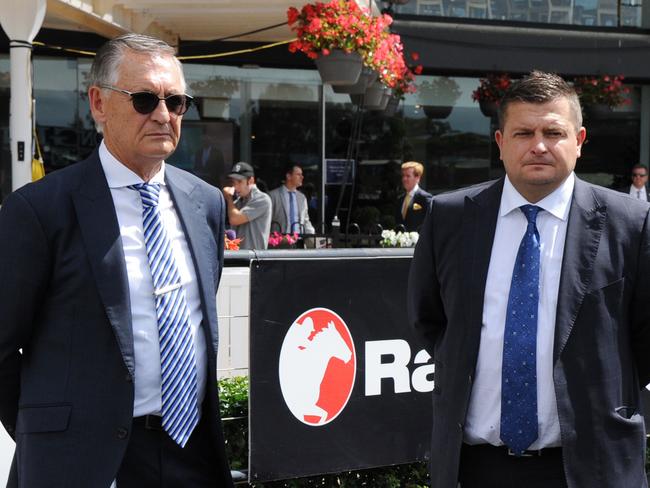 Trainers Peter and Paul Snowden are seen after California Zimbol wins race 1, the Schweppes Darby Munro Stakes, during Golden Slipper Day at Rosehill Gardens Racecourse in Sydney, Saturday, March 21, 2020. (AAP Image/Simon Bullard) NO ARCHIVING, EDITORIAL USE ONLY