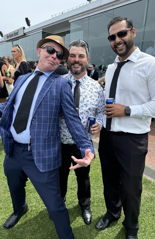 Steve Murray, Lee Reid and Michael Ensil at Flemington for Derby Day on November 2, 2024. Picture: Phillippa Butt