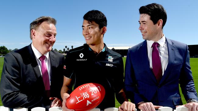 Port Adelaide chief executive Keith Thomas, left, and China executive Andrew Hunter leave for China on Thursday to strengthen the Power’s business and diplomatic links. The club will play its second AFL game for premiership points in Shanghai in May. Picture: Sam Wundke