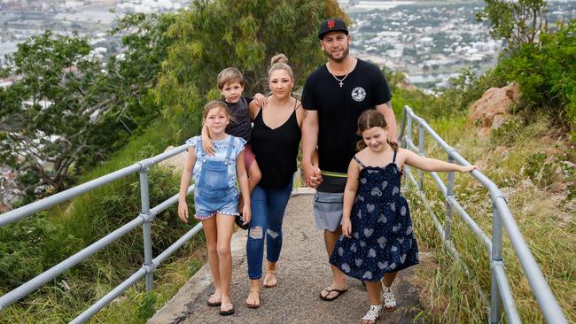 Daniel Di Bella on Townsville’s Castle Hill with partner Kaylene Bradd and children (from left) Chloe, Ethan and Charlotte. Picture: Cameron Laird