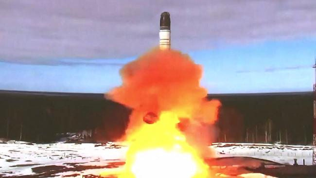 The Sarmat intercontinental ballistic missile in launched at Plesetsk testing field, Russia. Picture: AFP.