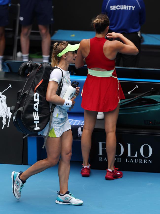 Lesia Tsurenko leaves the court after losing in straight sets to Aryna Sabalenka in their third round match on Rod Laver Arena. Picture: Mark Stewart