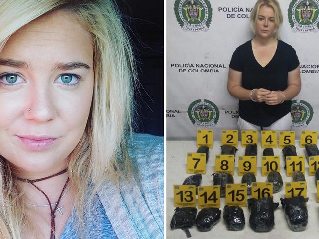 Cassandra Sainsbury, and the Adelaide woman pictured with the 18 bags of cocaine found in her bag. Picture: AP