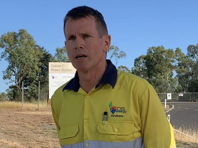 CS Energy CEO Andrew Bills addressing the media at the Callide Power Station. Photo: Lachlan Berlin