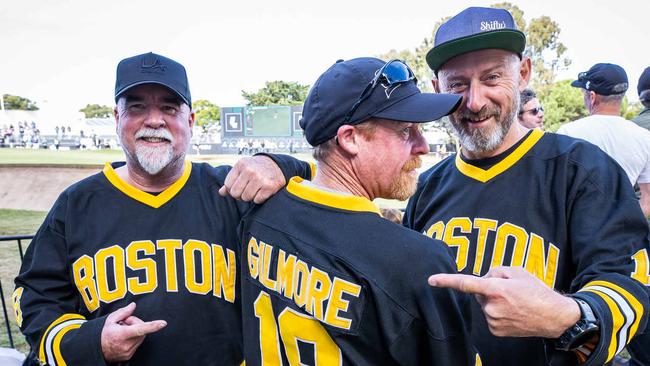 Happy Gilmore fans Michael Polgreen, Craig Davis and Justin Neideck enjoying LIV Golf. Picture: Tom Huntley