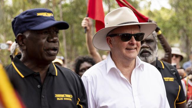 Anthony Albanese and Djawa Yunupingu at the 2024 Garma Festival opening ceremony. Picture: Teagan Glenane for Yothu Yindi Foundation