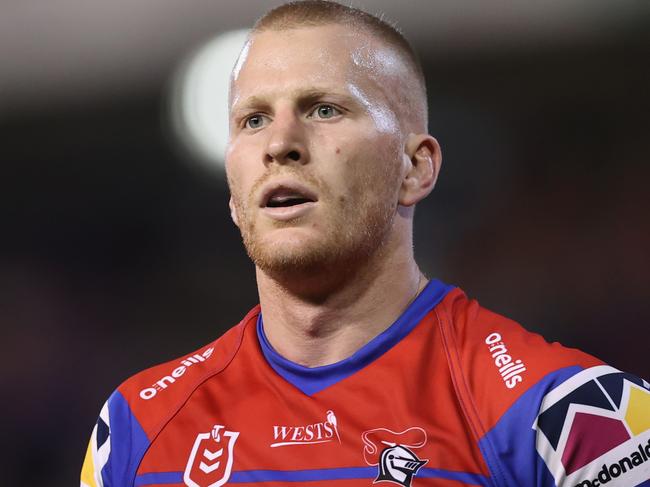 NEWCASTLE, AUSTRALIA - APRIL 16: Mitch Barnett of the Knights looks on during the round six NRL match between the Newcastle Knights and the Cronulla Sharks at McDonald Jones Stadium, on April 16, 2021, in Newcastle, Australia. (Photo by Ashley Feder/Getty Images)