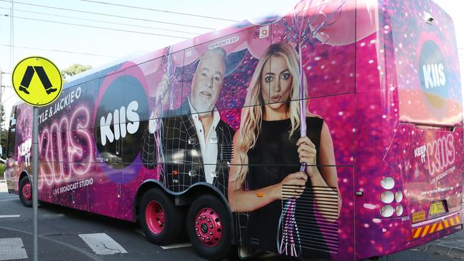 A bus promoting Kyle and Jackie O for KIIS FM circles the South Melbourne area at the same time Lauren and Jase from Nova FM do a promotion. Picture: David Crosling