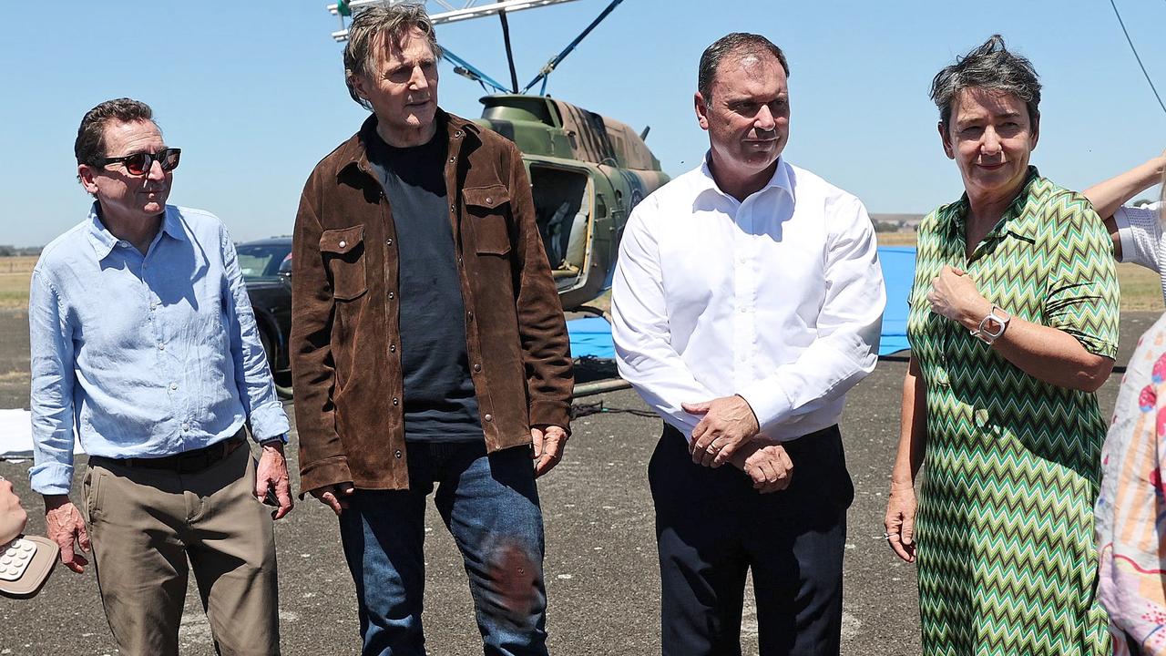 Actor Liam Neeson, second from right, with producer Bart Rosenblatt, and Victorian politicians Colin Brooks and Michaela Settle. Video still: Mark Stewart<br/><br/>