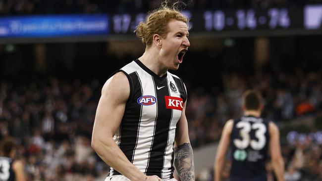 Beau McCreery celebrates his huge goal against Carlton. Picture: Daniel Pockett/Getty Images