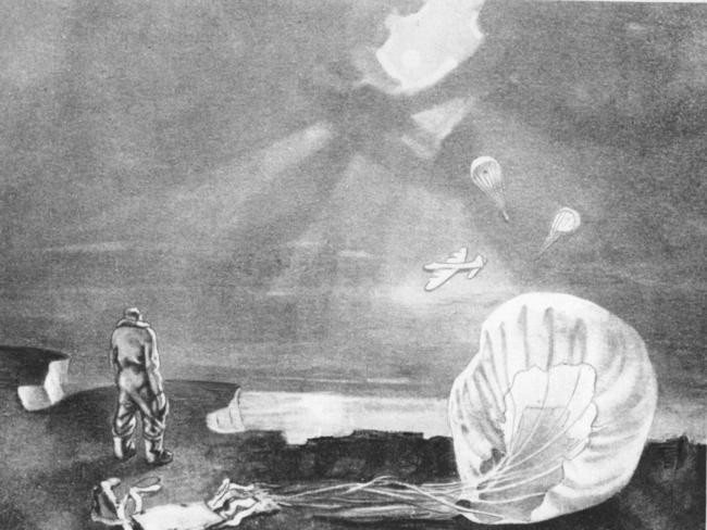 A painting by David Smith, formerly of No. 149 Squadron RAF, shows one of Middleton’s crew members watching the last moments of the Stirling bomber and its pilot. The men in the two parachutes seen floating seaward later drowned.