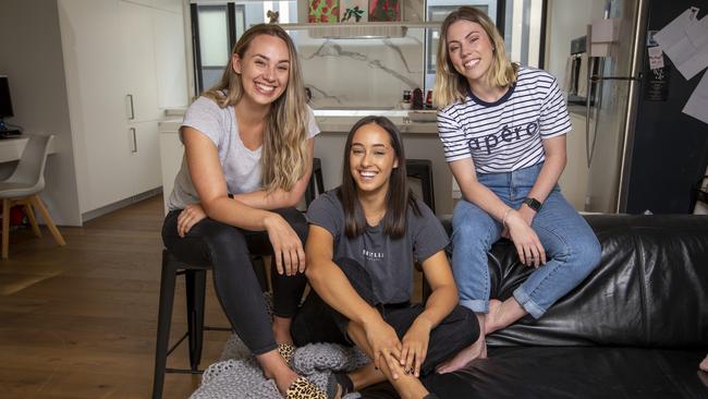 Renters Alice Mika, Olivia Feutrill and Samara Delmenico welcome Victoria’s incoming rental reforms. Picture: Wayne Taylor