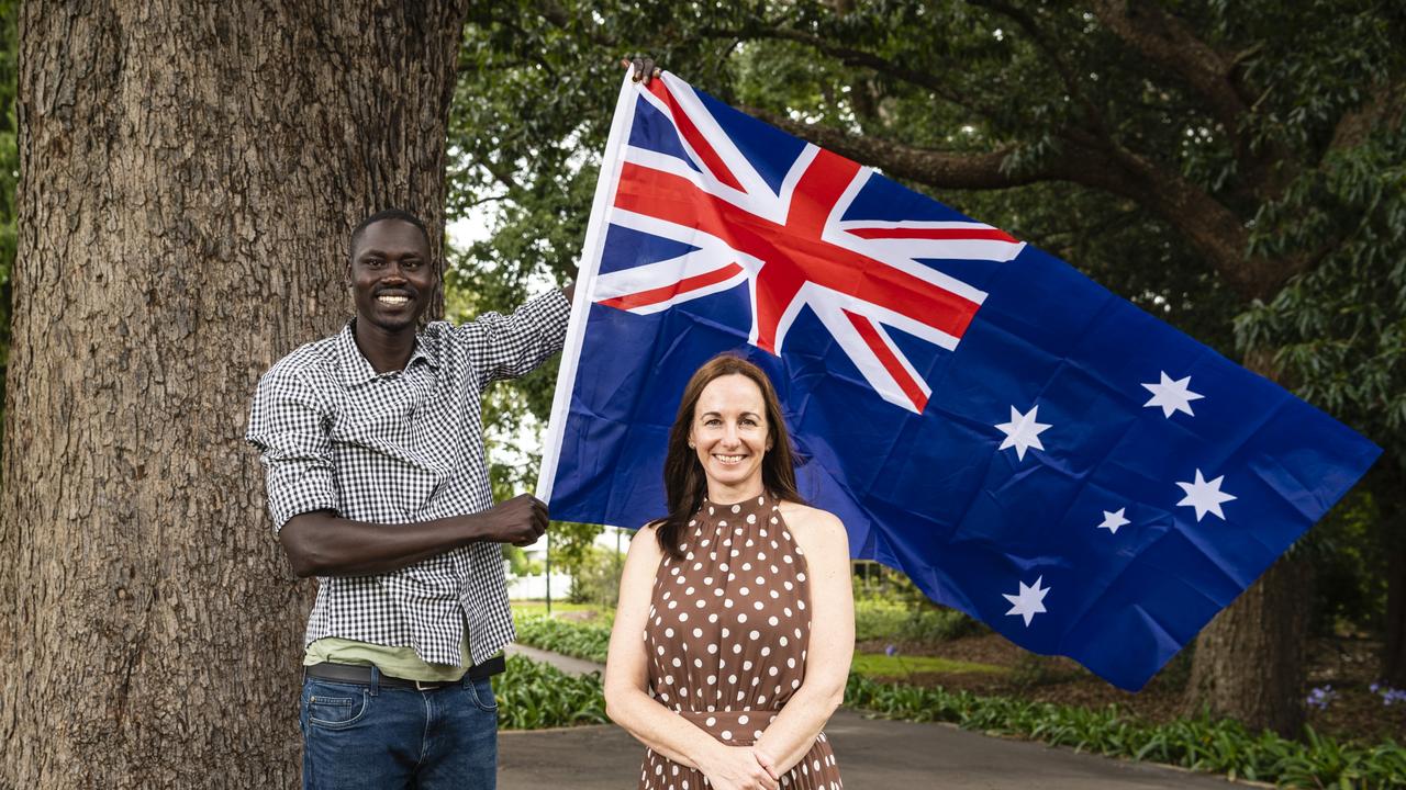 South Sudan born man Thuch Angui and past Toowoomba Citizen of the Year recipient Shirley-Anne Gardiner are ready to celebrate Australia Day 2022. Picture: Kevin Farmer