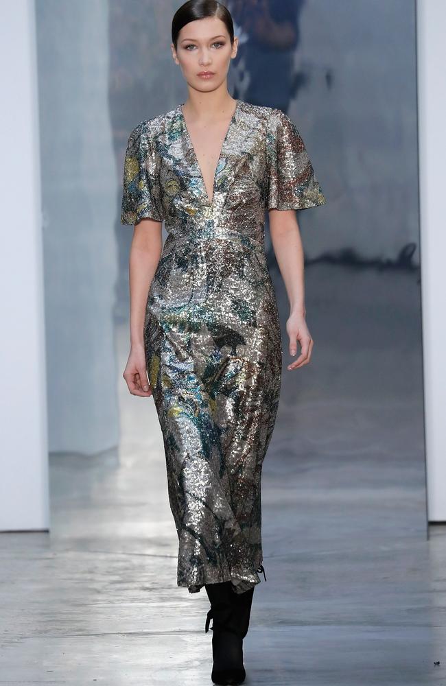 Bella Hadid, pictured on the runway for Carolina Herrera at New York fashion week, has spoken about her split from The Weeknd. Picture: AFP