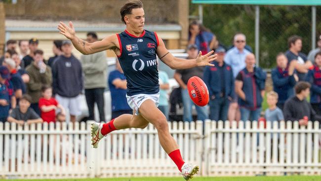Jacob Newton on the run for Norwood in this year’s Anzac Day grand final rematch against Glenelg at the Bay. Picture: Nelson Miles/Norwood FC