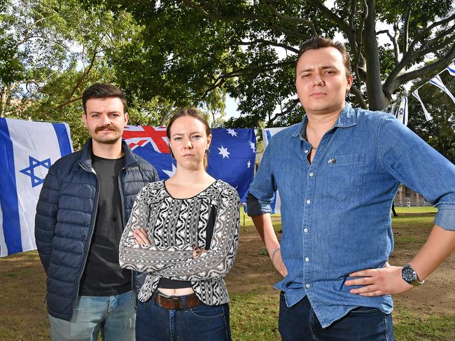 Yonatan Mendels, Alyssa Peterson and Brandon Hulse at UQ in May in support of Israel