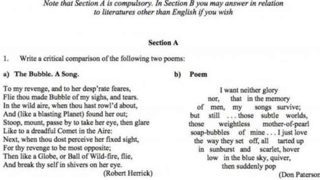 A sample of the English Literature exam. Picture: Oxford University