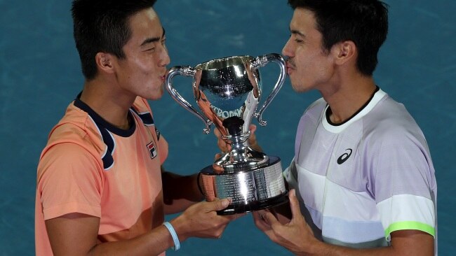 Rinky Hijikata and Jason Kubler of Australia pose with the championship trophy in the Men’s Doubles Final. (Photo by Mark Kolbe/Getty Images)