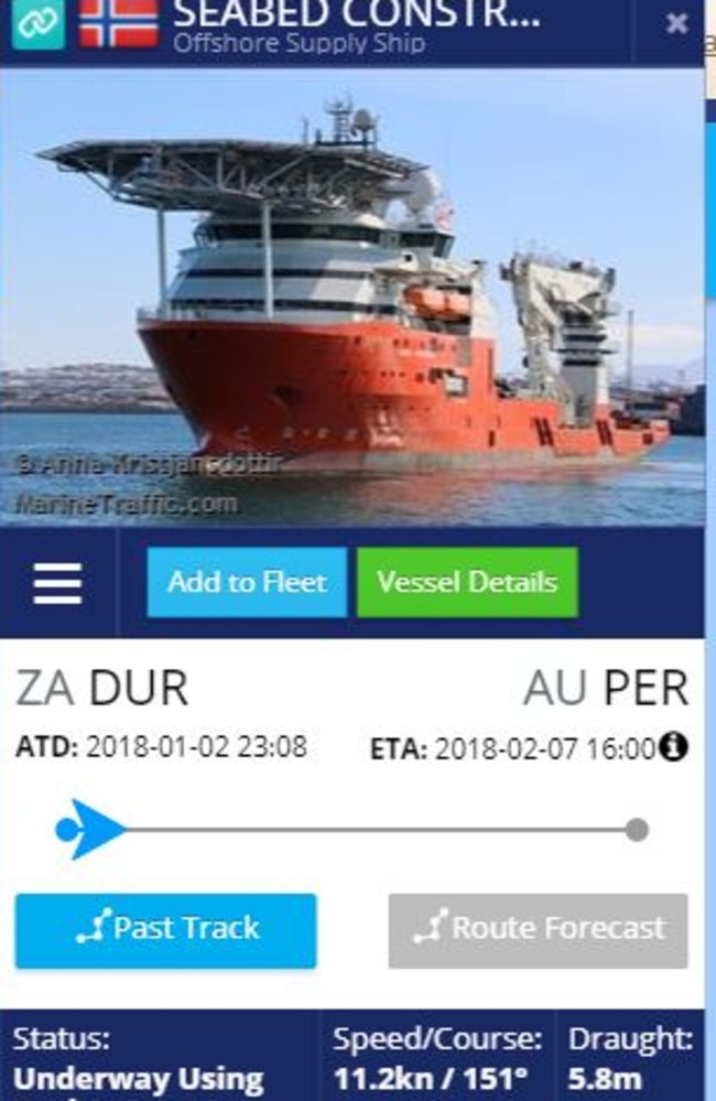The <i>Seabed Constructor</i> is expected to dock at Perth on February 7 but will enter the new search zone around January 17. Picture: MarineTraffic.com