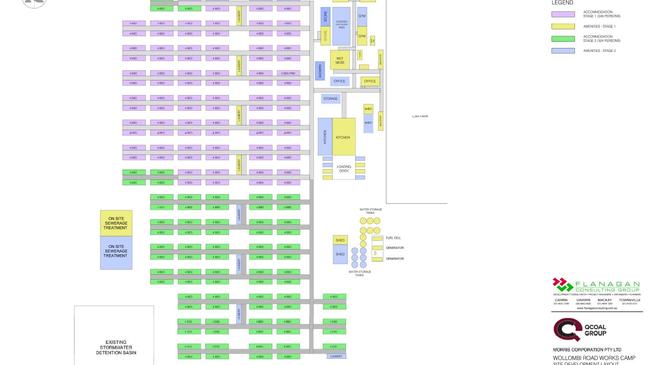 Plan for a Worker Camp at Suttor to house workers from the Byerwen Coal Project. Purple boxes indicate existing rooms under stage 1. Green rooms indicate proposed new rooms under the stage 2 application before the court. Picture: QCoal/Isaac Regional Council