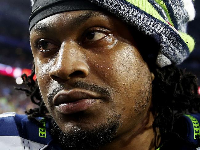 GLENDALE, AZ - FEBRUARY 01: Marshawn Lynch #24 of the Seattle Seahawks walks off the field at half time during Super Bowl XLIX at University of Phoenix Stadium on February 1, 2015 in Glendale, Arizona. (Photo by Christian Petersen/Getty Images)