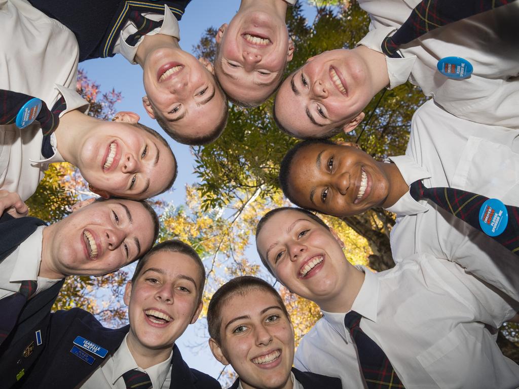 The Fairholme College Year 12 cohort has raised nearly $70,000 with their Shave for a Cure 2023 campaign students who shaved were (clockwise) Lara Palmer, Isabelle Watts, Amelia O'Dea, Bianca Wilson, Lilly Biernoff, Abigail Crocker, Bridie Worland, Ruva Maphosa and Maeve Toombes (absent is Maddie Seawright). Picture: Kevin Farmer