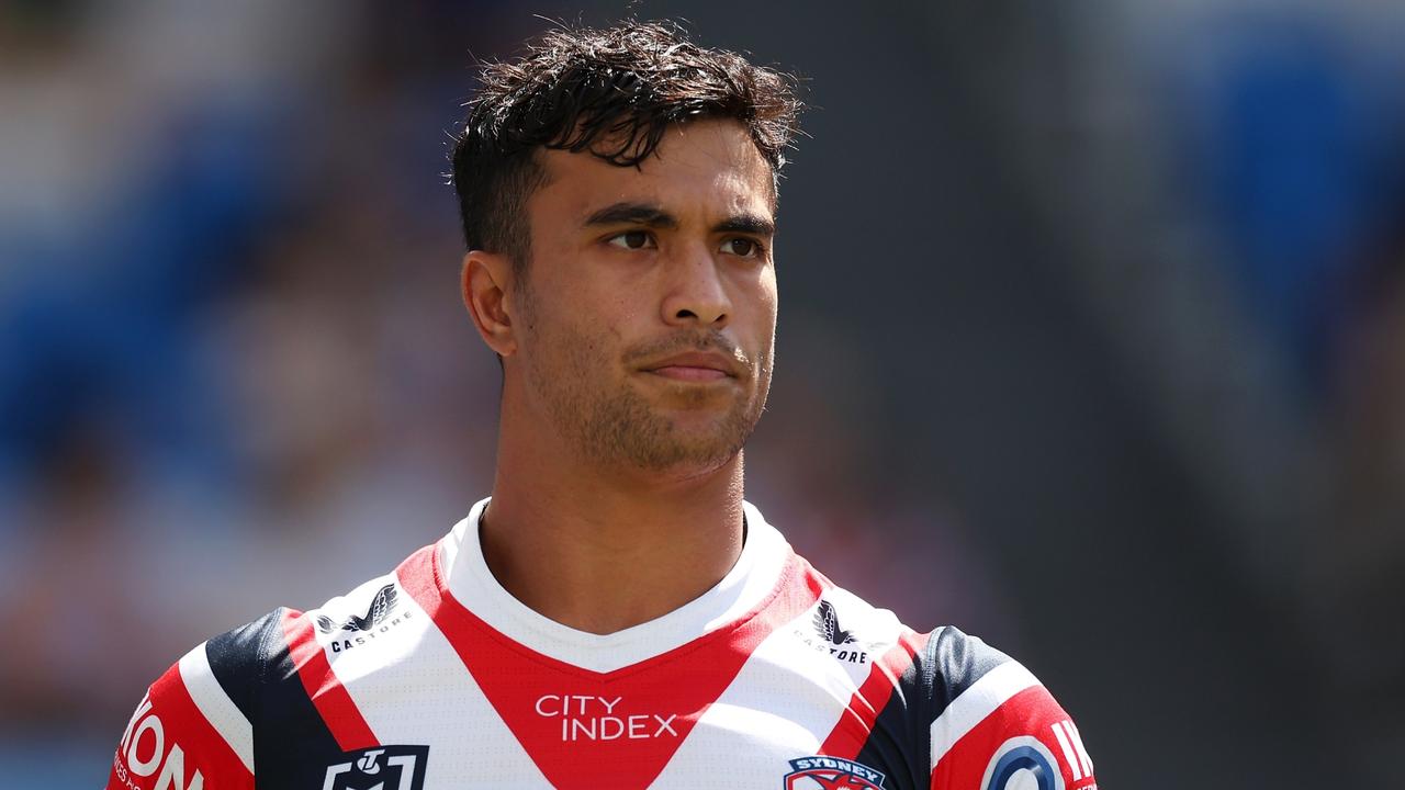 SYDNEY, AUSTRALIA - MARCH 11: Joseph-Aukuso Suaalii of the Roosters watches on during the warm-up before the round two NRL match between the Sydney Roosters and the New Zealand Warriors at Allianz Stadium on March 11, 2023 in Sydney, Australia. (Photo by Mark Kolbe/Getty Images)
